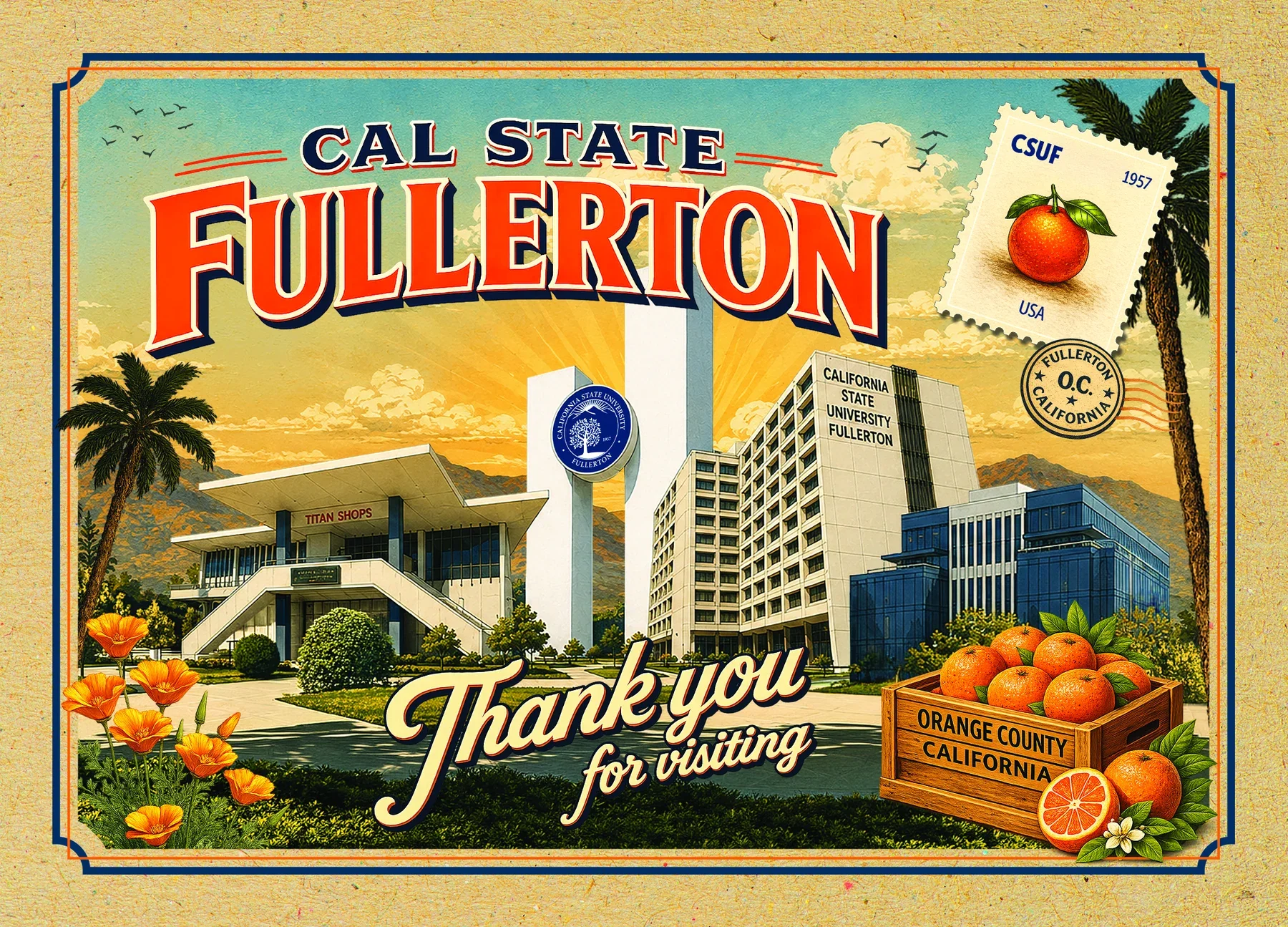 Finished horizontal Cal State Fullerton postcard with vintage lettering, campus architecture, citrus and poppies.