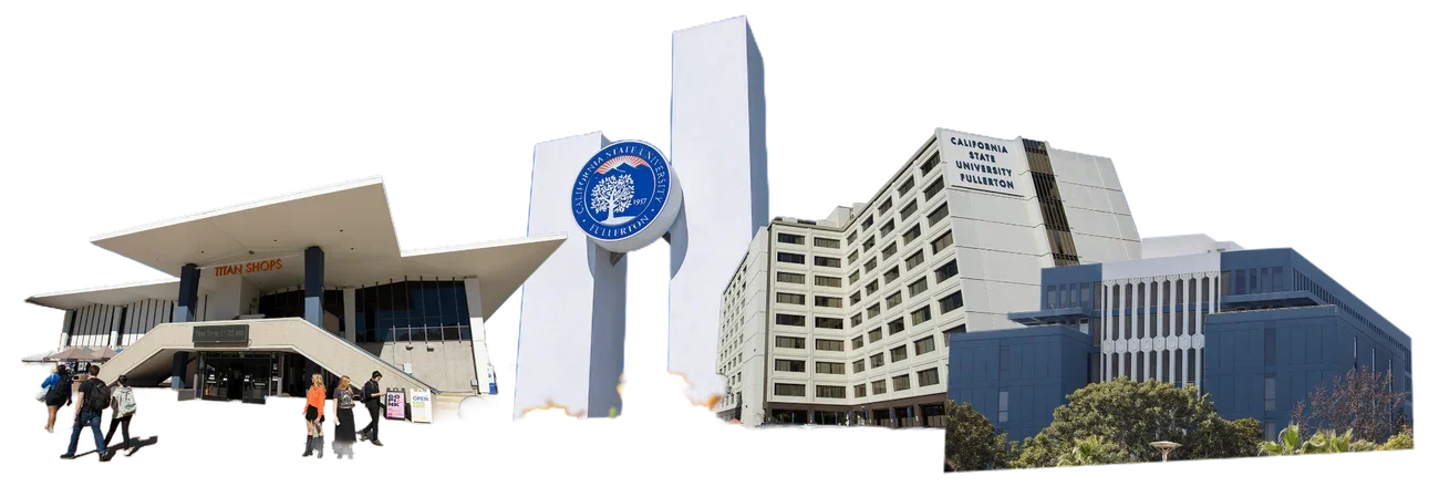 Original CSUF campus composite showing Titan Shops, the central monument and surrounding academic buildings.