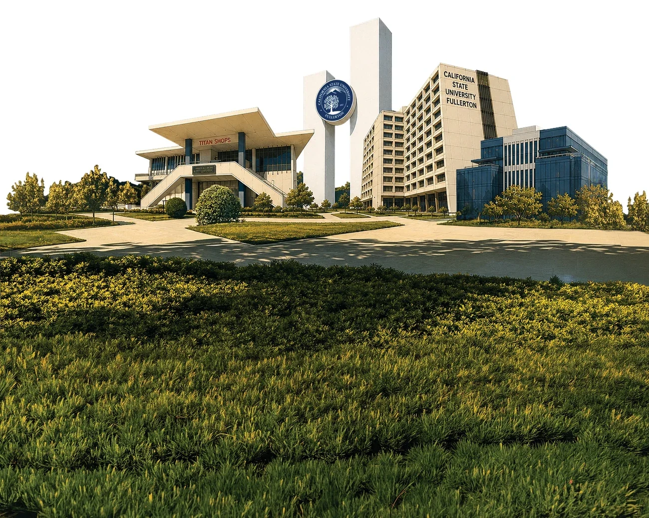 Isolated illustrated CSUF campus environment with landscaped grounds and the recognizable campus buildings.