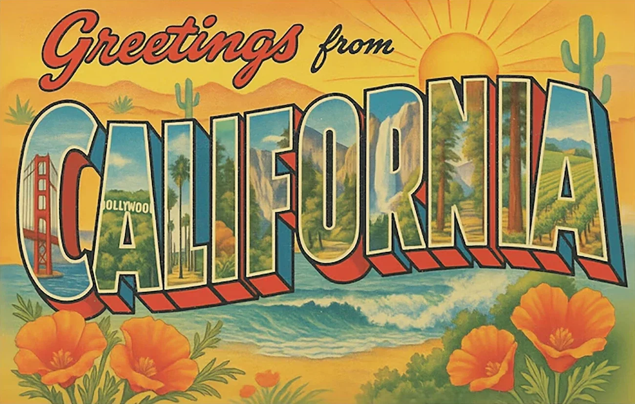 Vintage California postcard reference with dimensional destination lettering, landscape, poppies and warm colors.