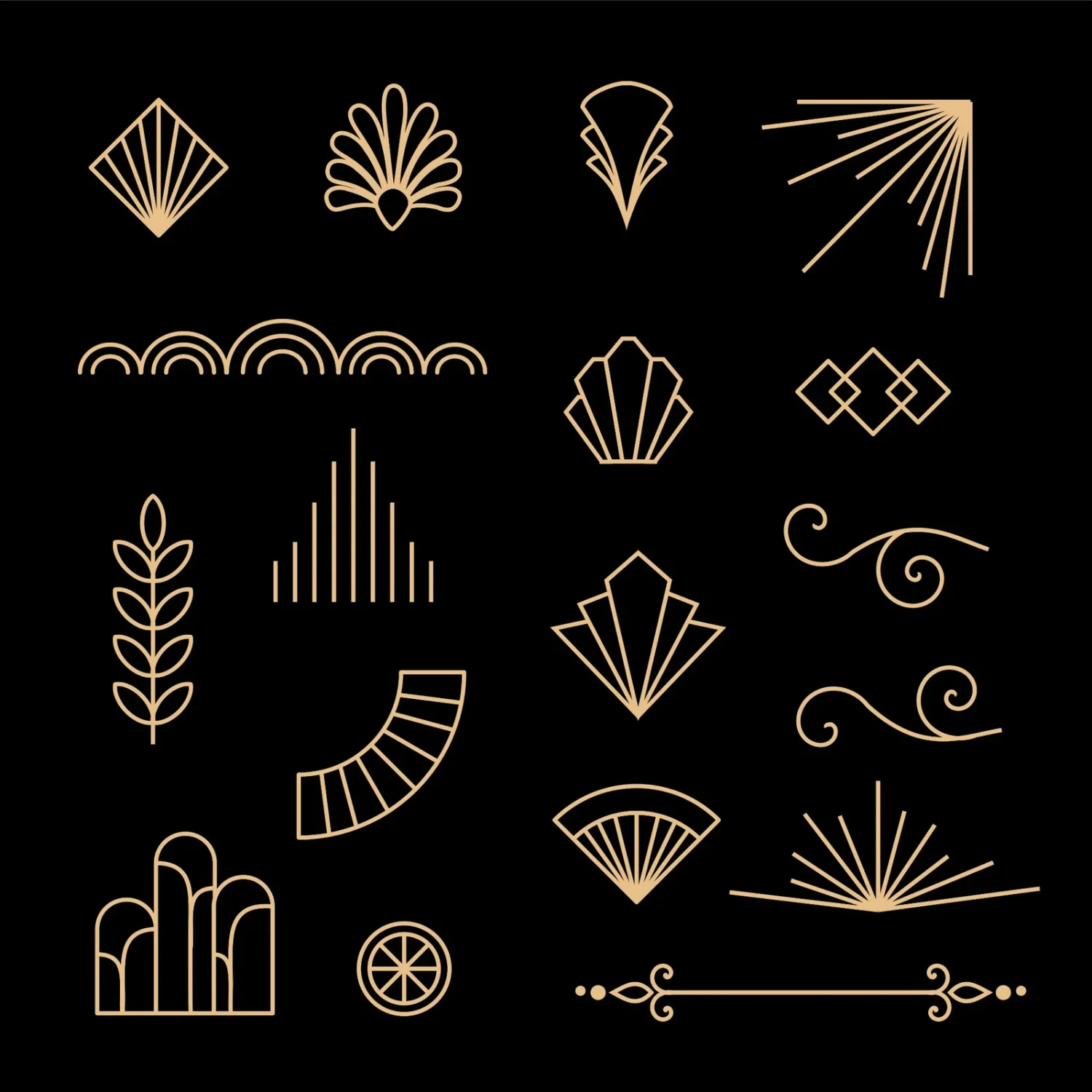 Adobe Stock Art Deco ornaments reference showing fans, rays, flourishes and geometric line motifs.