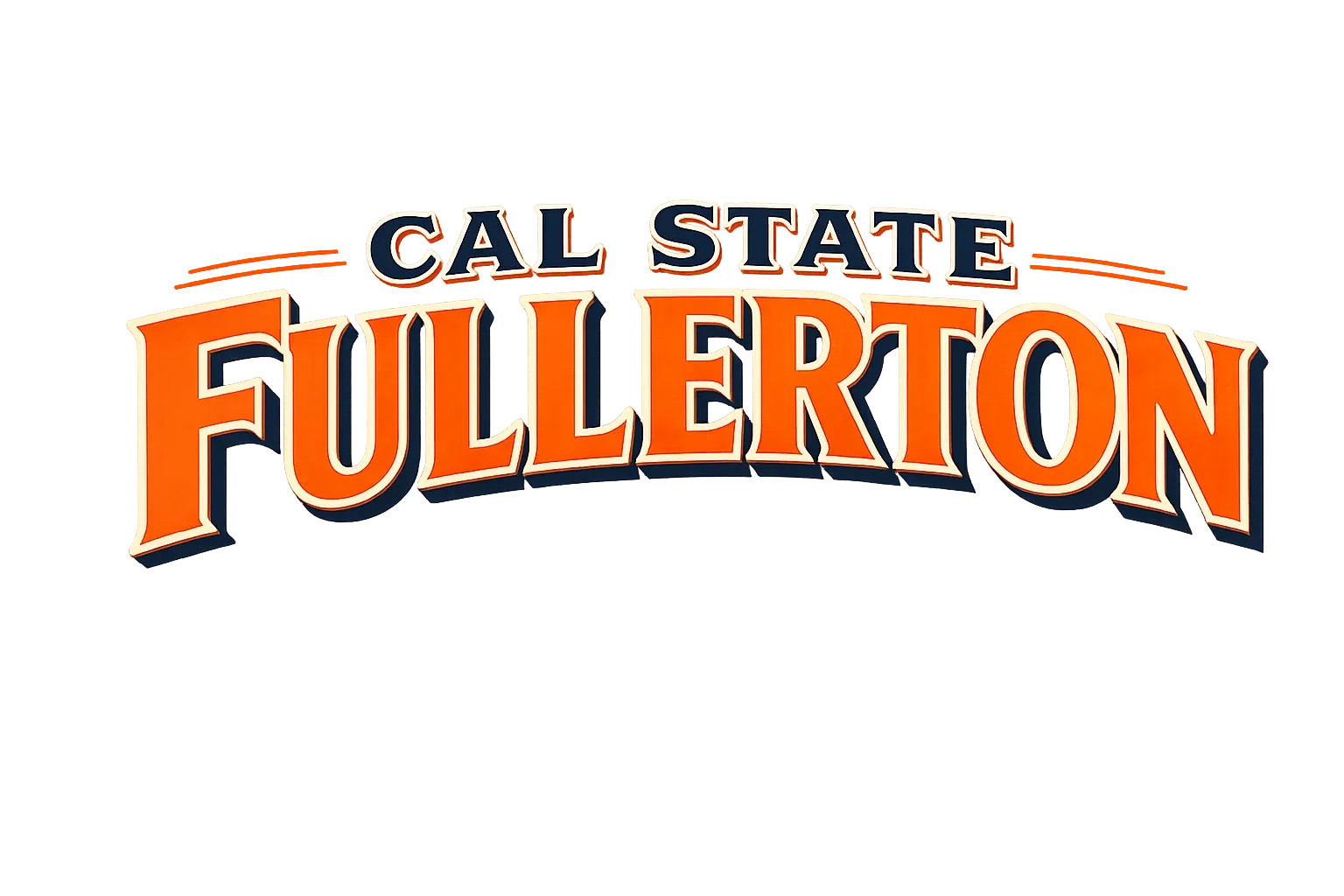 Separately generated vintage dimensional CAL STATE FULLERTON lettering in orange, cream and navy.
