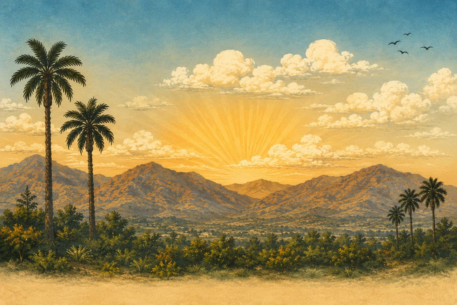 Vintage California landscape study with mountains, palm trees, clouds and golden sunset rays.