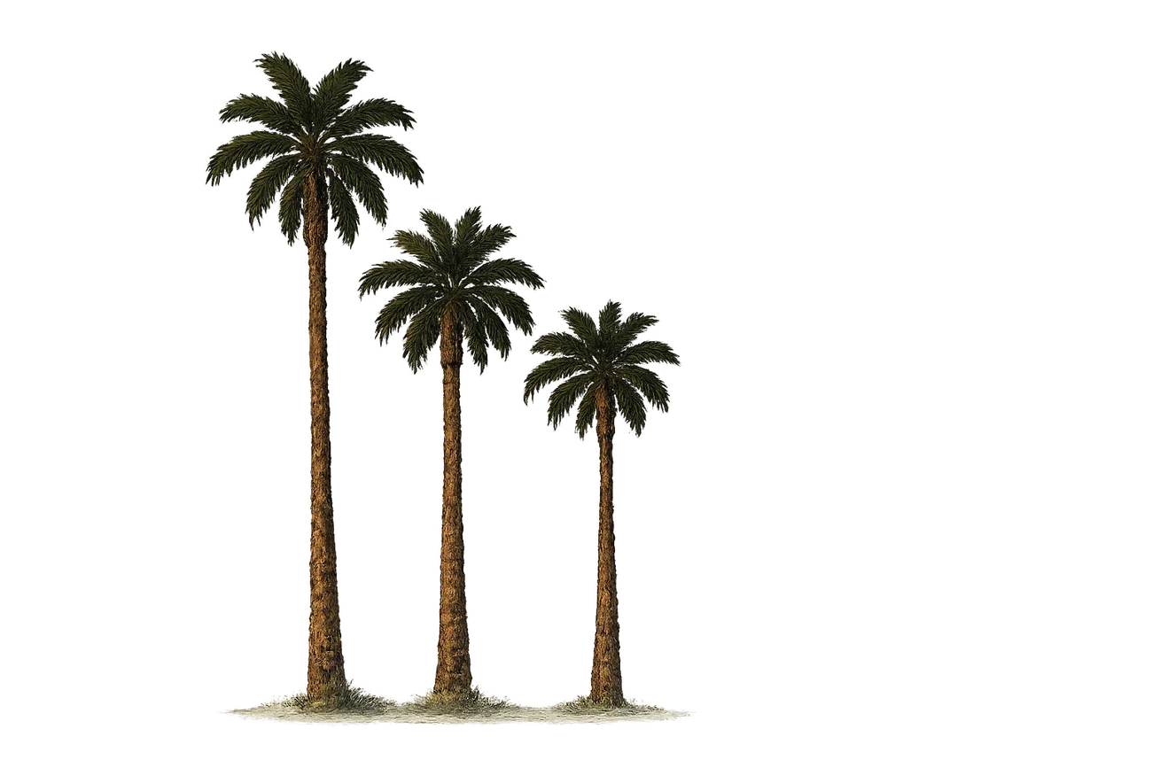 Three overlapping isolated palm trees used to frame the postcard composition.