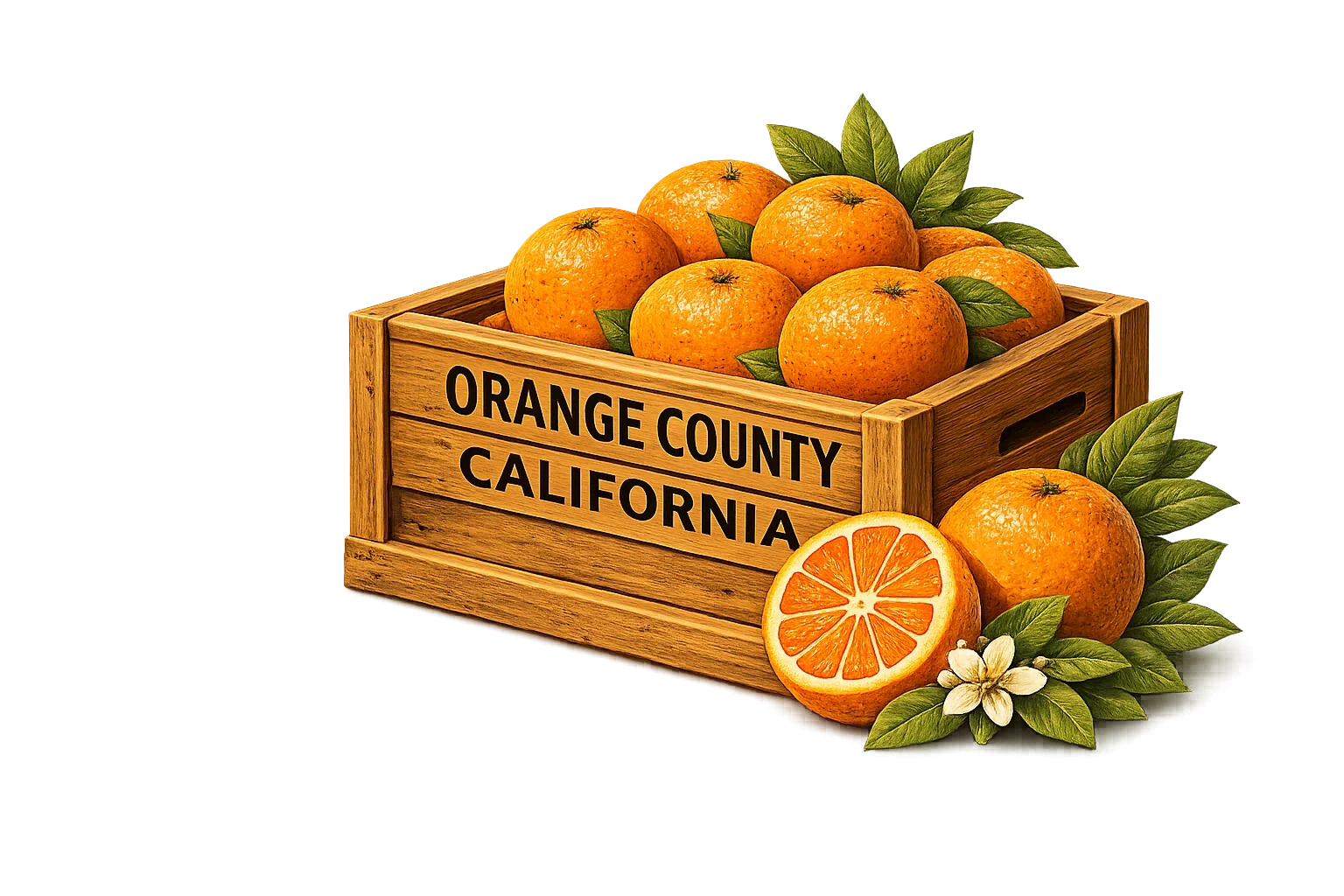 AI-generated illustration of an Orange County California citrus crate filled with oranges.