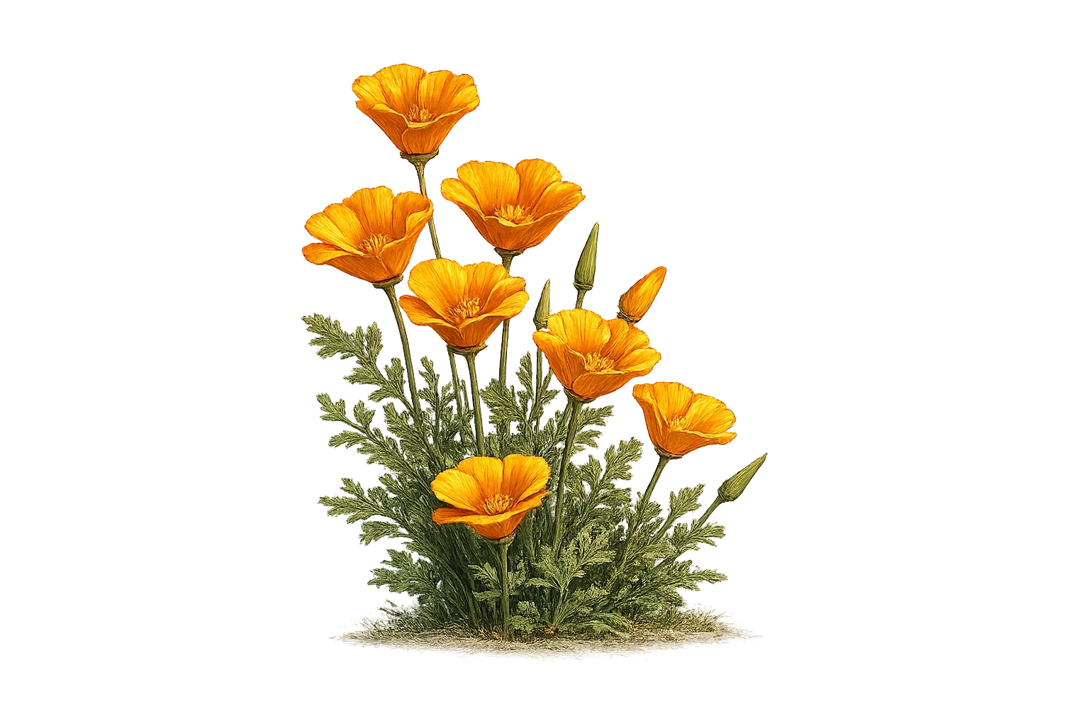 Isolated vintage botanical illustration of bright orange California poppies.