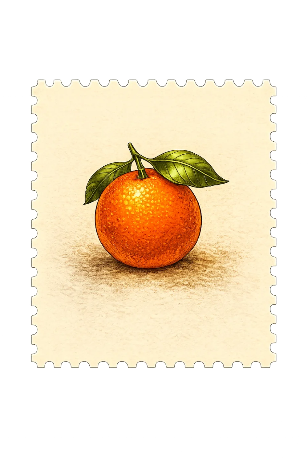 Vintage perforated postage-stamp study featuring a single orange and green leaves.
