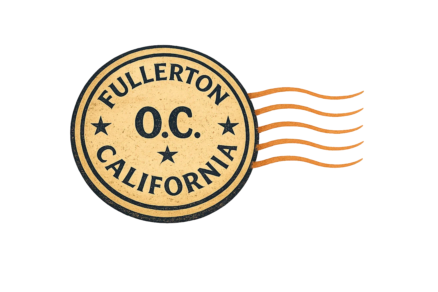 Fullerton, Orange County, California postmark with five orange cancellation waves.