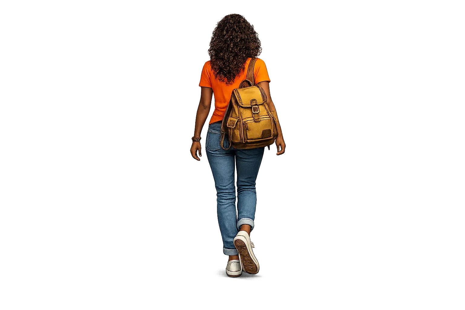 Orange-shirt student with yellow backpack, shown from behind as a separate illustrated asset.