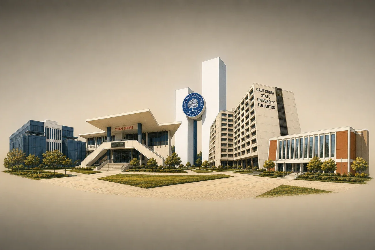 Earlier AI-assisted CSUF campus interpretation showing an alternate architectural treatment from the exploration phase.