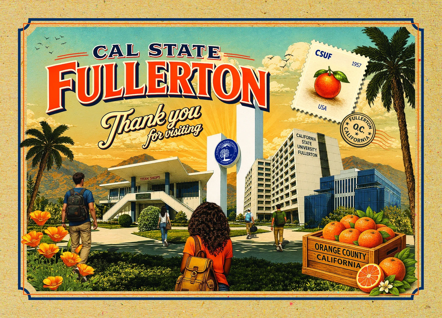 Final horizontal Photoshop postcard composition with students and travel imagery.