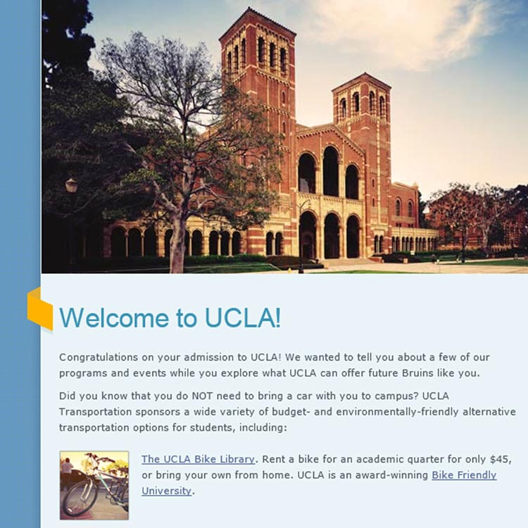 UCLA Transportation welcome email campaign for admitted students